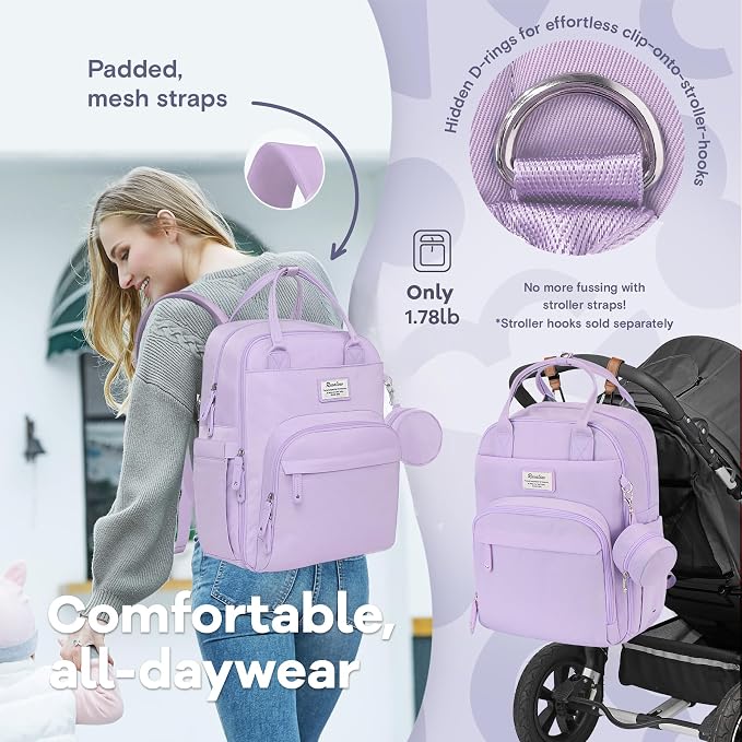 RUVALINO Diaper Bag Backpack, Large Capacity, Waterproof, Taro Purple - Image 6