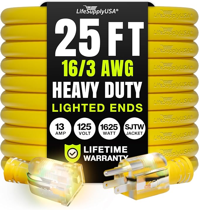 25ft Outdoor/Indoor Extension Cord 16/3 Gauge Heavy Duty 3 Prong SJTW, by LifeSupplyUSA