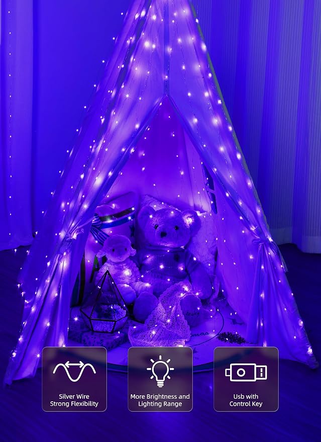 Brightown 300 LED Purple Fairy Curtain Lights, 9.8ft x 9.8ft String Lights - Image 3