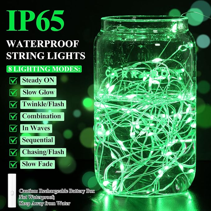 Lakumu Fairy Lights Battery Operated St. Patrick's Day, Rechargeable Copper - Image 3