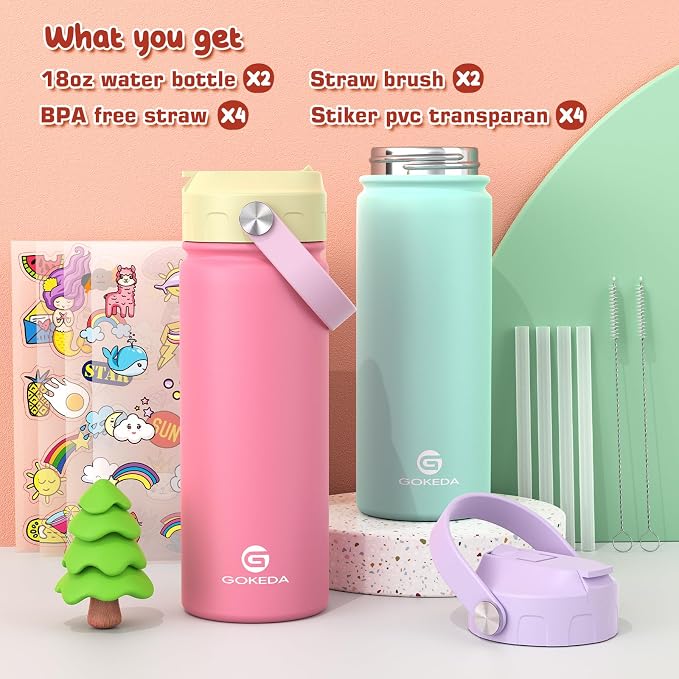 GoKEDA 18oz Kids Water Bottle, 2 Pack Insulated Bottles - Image 2