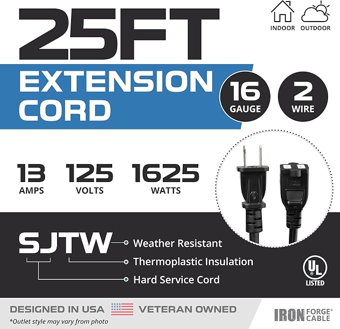 Iron Forge Cable 25 Ft Black Extension Cord, 25 Foot Extension Cord - Image 2