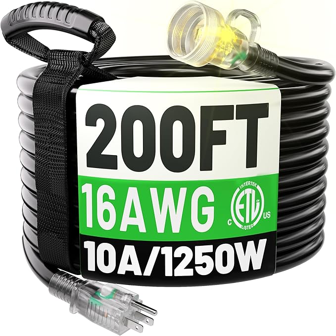 POWGRN 200FT 16 Gauge Black Outdoor Extension Cord Waterproof, 3 Prong Flexible by POWGRN