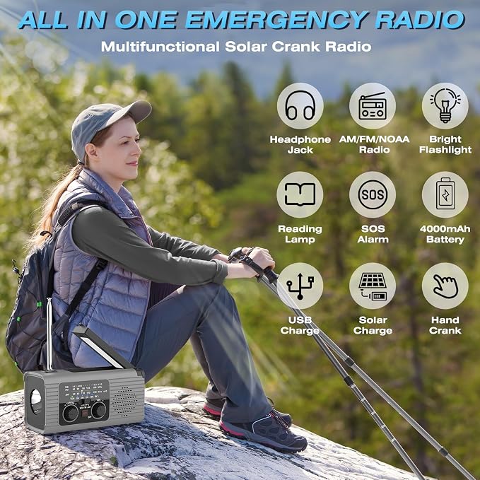 NITIGO Emergency Radio 4000mAh Solar Hand Crank AM/FM/NOAA Portable Weather - Image 9