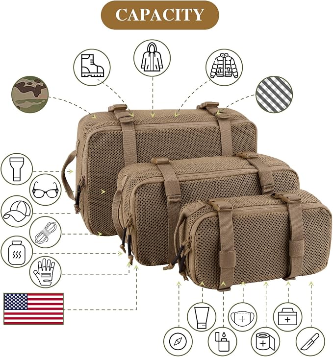 PETAC GEAR 3 PCS Tactical Modular Packing Cubes, Large Capacity Mesh Storage Bag - Image 2