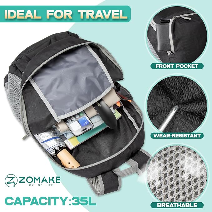ZOMAKE Lightweight Packable Backpack 35L, Light Foldable Backpacks Water - Image 3