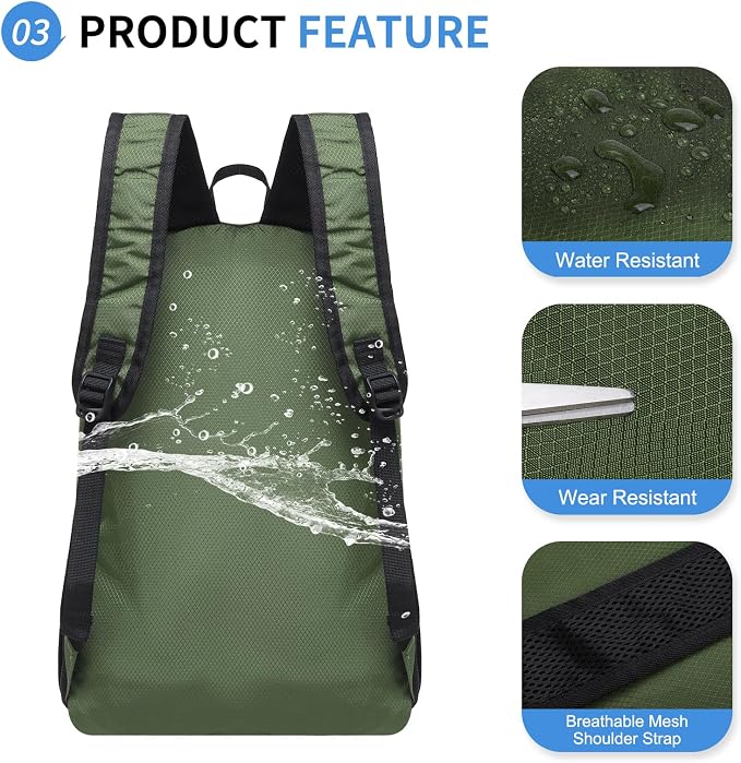 Hiking Daypack Packable, Camping Backpack Water Resistant Lightweight Polyester - Image 4