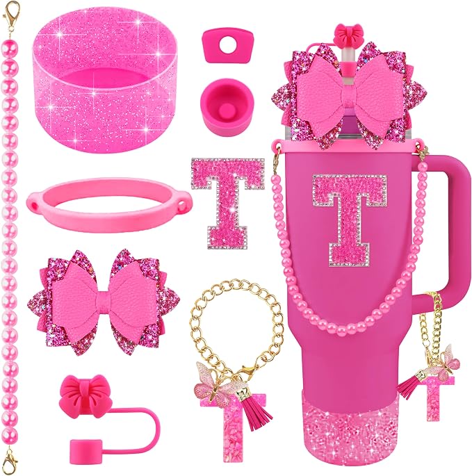 9PCS Hot Pink for Stanley Cup Accessories Set Bling Initials Bow Charms for by Unknown