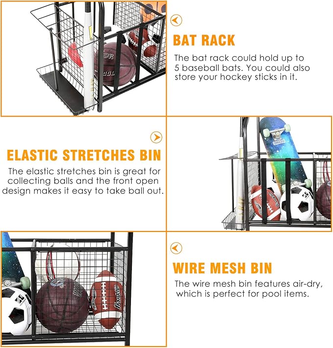 Snail Garage Sports Equipment Storage Organizer Sports Ball Storage Rolling Cart - Image 3