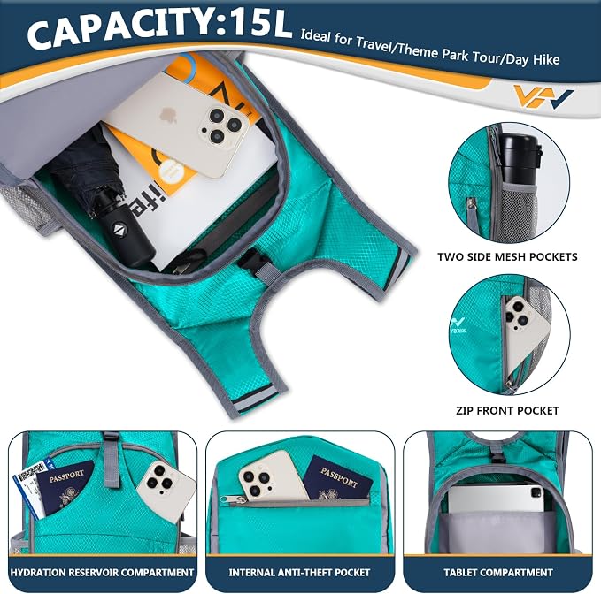 15L Foldable Hiking Backpack, Lightweight Packable Waterproof Machine Washable - Image 5