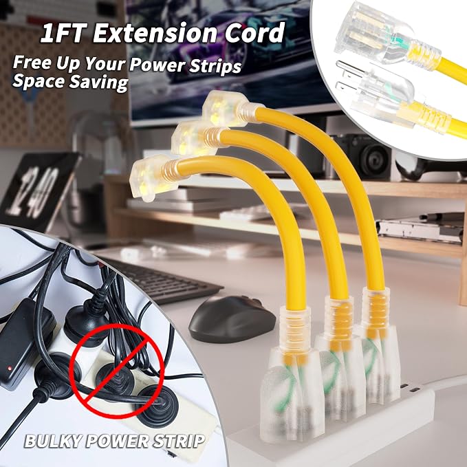 PlugSaf 12/3 Gauge Yellow Indoor Outdoor Extension Cord 1FT - Image 2