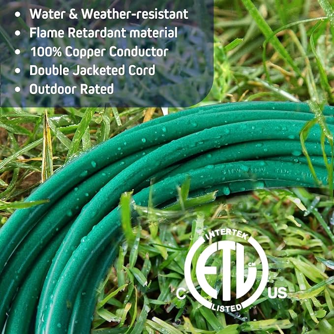 50FT Green Outdoor Extension Cord, Evenly Spaced 6 Outlets Plugs - Image 5