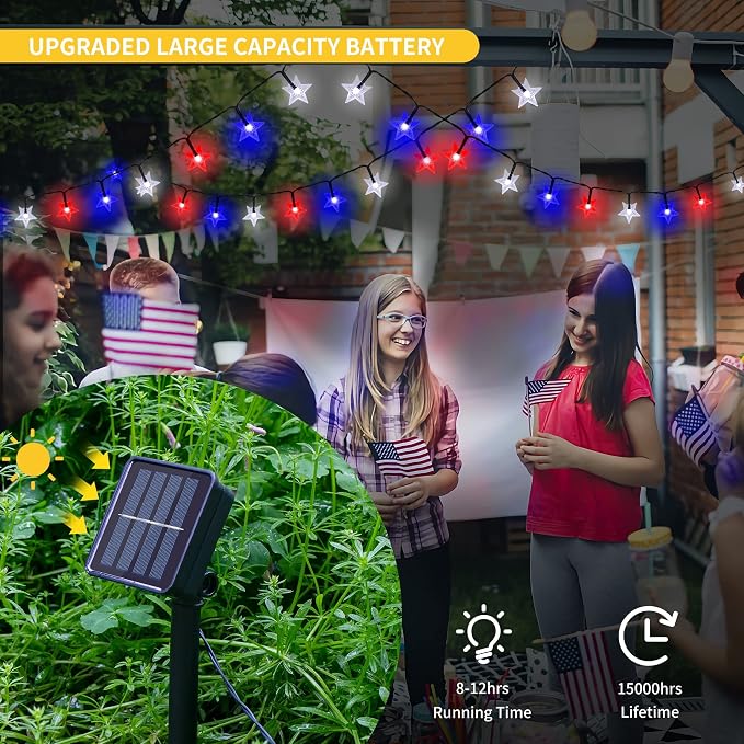 2 Pack Solar Powered Outdoor Patriotic Star String Lights, 100 LED 33 FT Each - Image 2