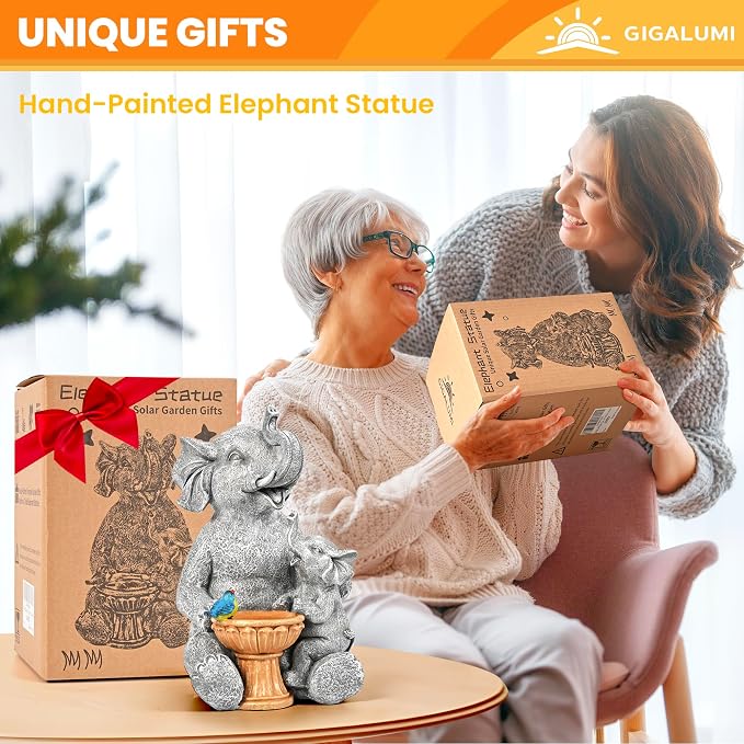 GIGALUMI Solar Garden Statues Bird Bath Elephant 9", Loving Elephant Decor - Image 8