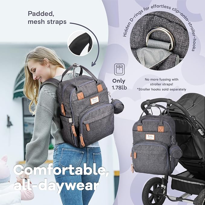 RUVALINO Diaper Bag Backpack, Large Capacity, Waterproof, Dark Gray - Image 5