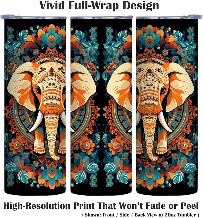 Firmiso 20 oz Tumbler｜Skinny Insulated Travel Mug｜Mandala Elephant Stainless - Image 2