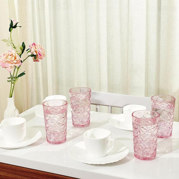 Drinking Highball Glasses Set of 4, Vintage Cross Hatch Glass Cups, 15.5oz Tall - Image 6