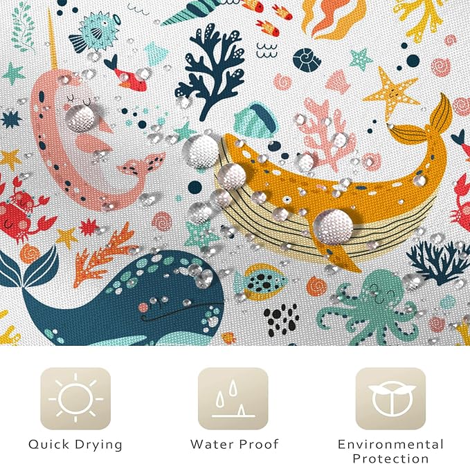 Kids Whale Shower Curtain, Funny Cute Ocean Fish Cartoon Sealife Under Sea - Image 4