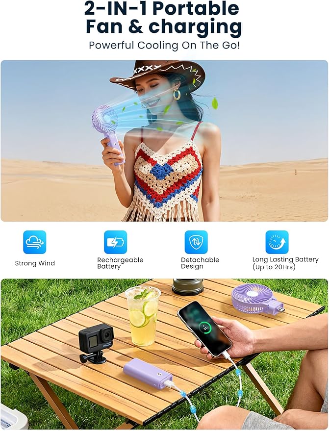 HandFan 5200mAh Handheld Fan Rechargeable, 20H Runtime Hand Fan, 3 Speeds - Image 2