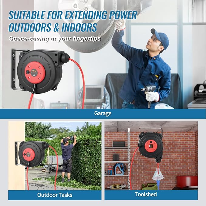 VEVOR Retractable Extension Cord Reel, 30 FT, Heavy Duty 16AWG/3C SJTOW - Image 6