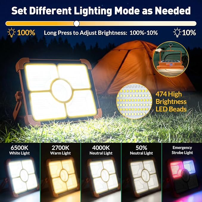 Solar Rechargeable Work Light, 474 LED 12000LM Portable Flood Lights, 12000mAh - Image 4