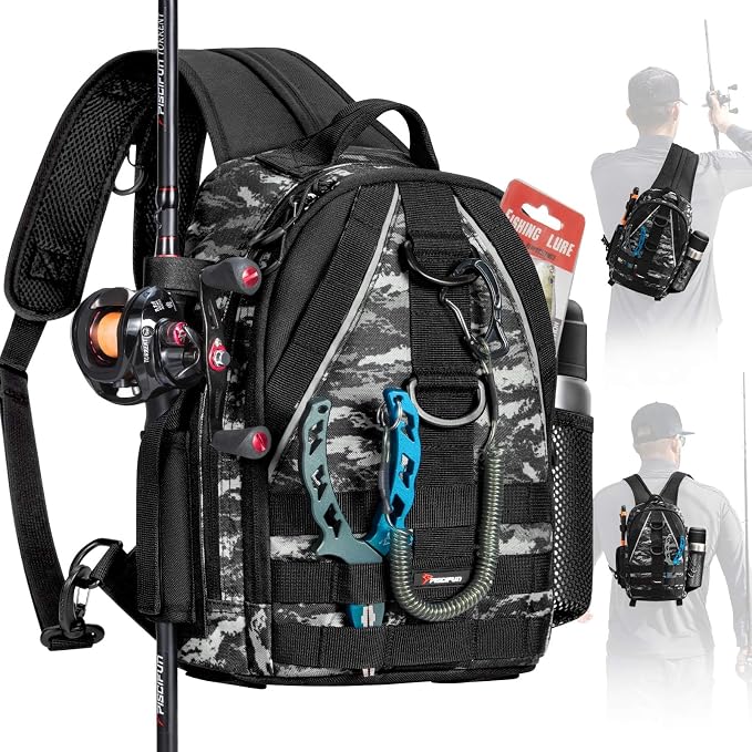Piscifun Fishing Backpack with Rod Holder, Lightweight Sling Bag Storge Gear by Piscifun