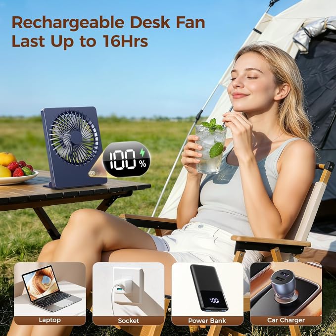 Zuvas Desk Fan Battery Operated Fan Rechargeable 180°Tilt Folding Personal Fan - Image 3