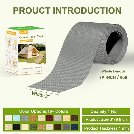 Besezx Canvas Repair Tape, Outdoor Gear Patch, 3x79 Inches, Waterproof - Image 2