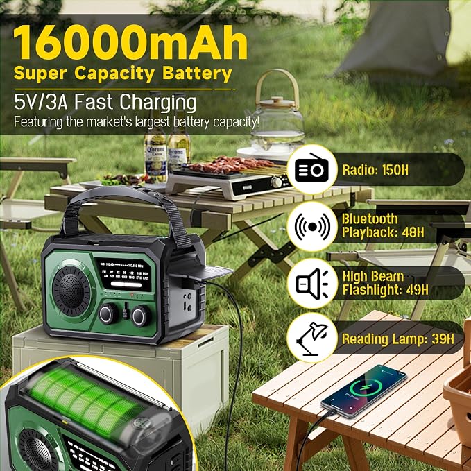 59200mWh Emergency Radio - 16000mAh Portable Solar Hand Crank NOAA/AM/FM - Image 2