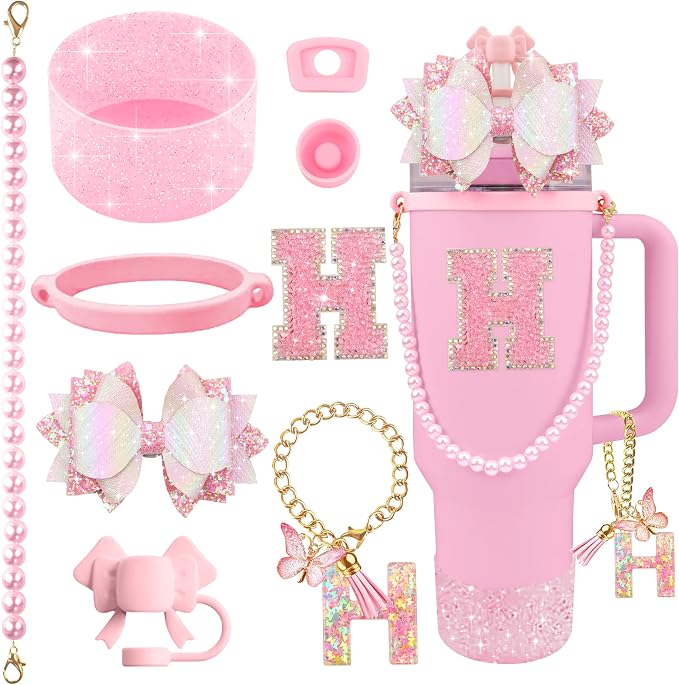 9PCS Pink for Stanley Cup Accessories Set Bling Initials Bow Charms for Stanley by Unknown