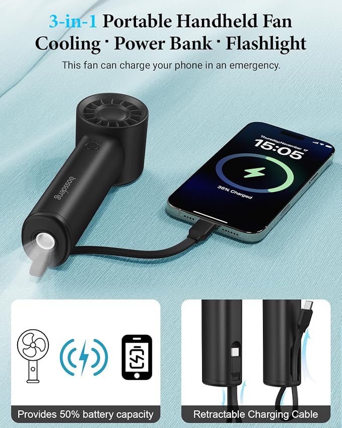 Portable Handheld Fan with Power Bank, 3 IN 1 USB Rechargeable Mini Personal - Image 3
