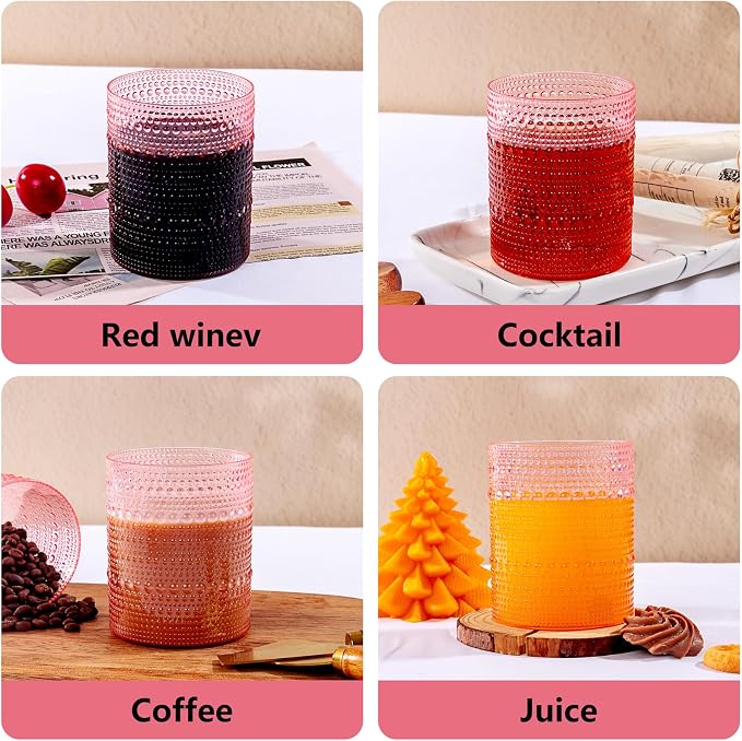 YOUBET 24PCS Plastic Drinking Glasses - 14OZ Pink Hobnail Drinkware Glasses - - Image 3