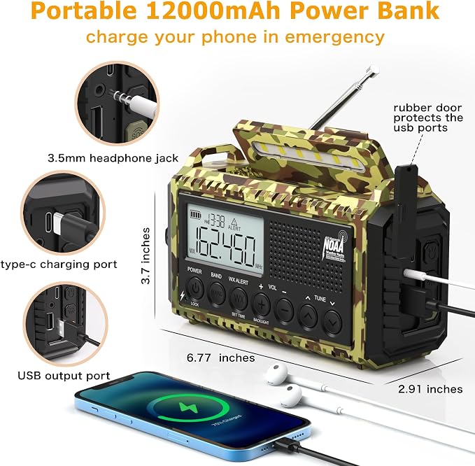 12000mAh/44400mWh Weather Radio, Hand Crank Emergency Radio Portable AM FM - Image 3