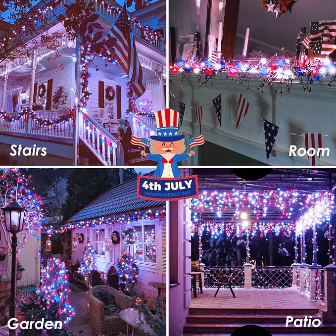4th of July Red White and Blue Lights, Connectable 200 LED 66FT String Lights - Image 7