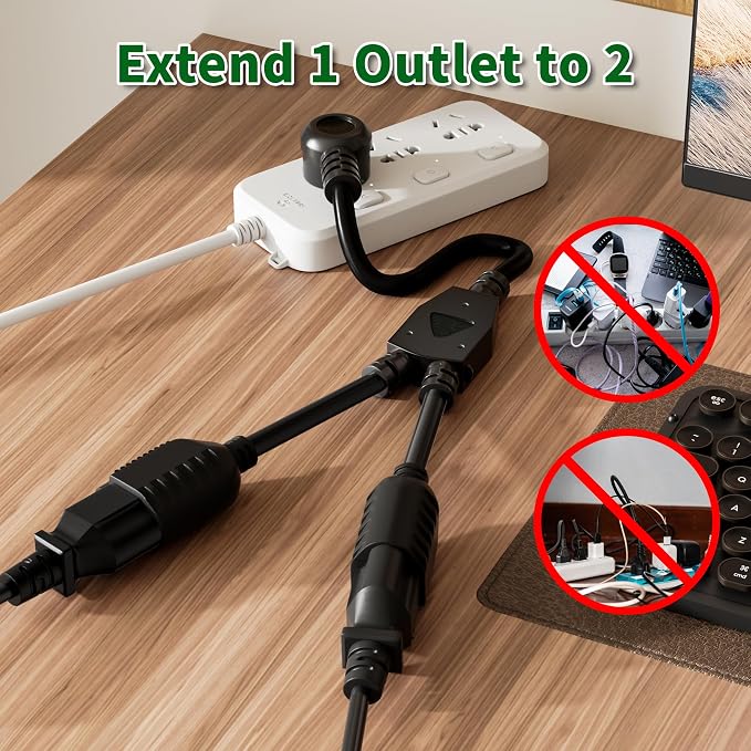 Elecan 3-Prong Y Splitter Power Extension Cord 2 Ft/2 Pack, 45-Degree Angled - Image 3