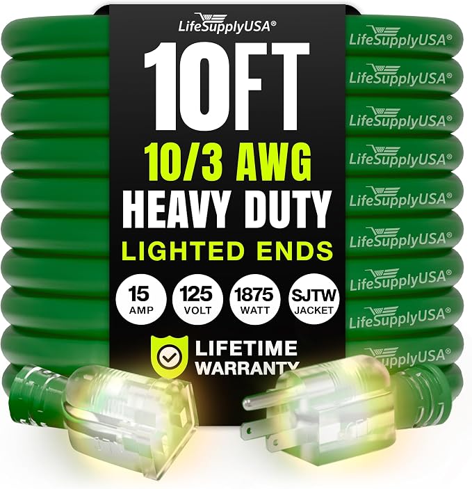 10ft Outdoor/Indoor Extension Cord 10/3 Gauge Ultra Heavy Duty 3 Prong SJTW by LifeSupplyUSA