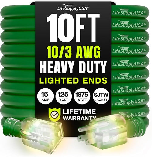 10ft Outdoor/Indoor Extension Cord 10/3 Gauge Ultra Heavy Duty 3 Prong SJTW by LifeSupplyUSA