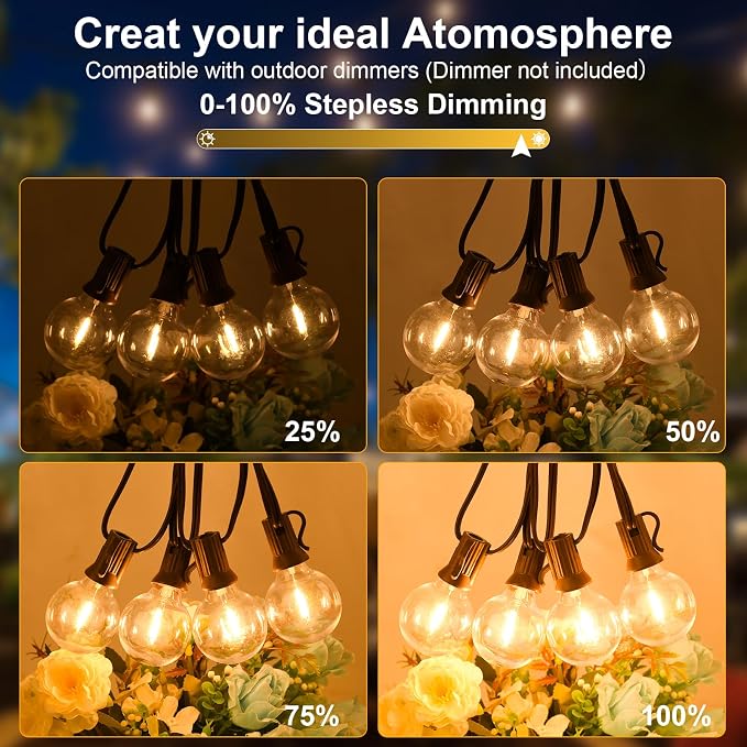 100ft 2-Pack Outdoor String Lights, Dimmable G40 LED String Lights - Image 3
