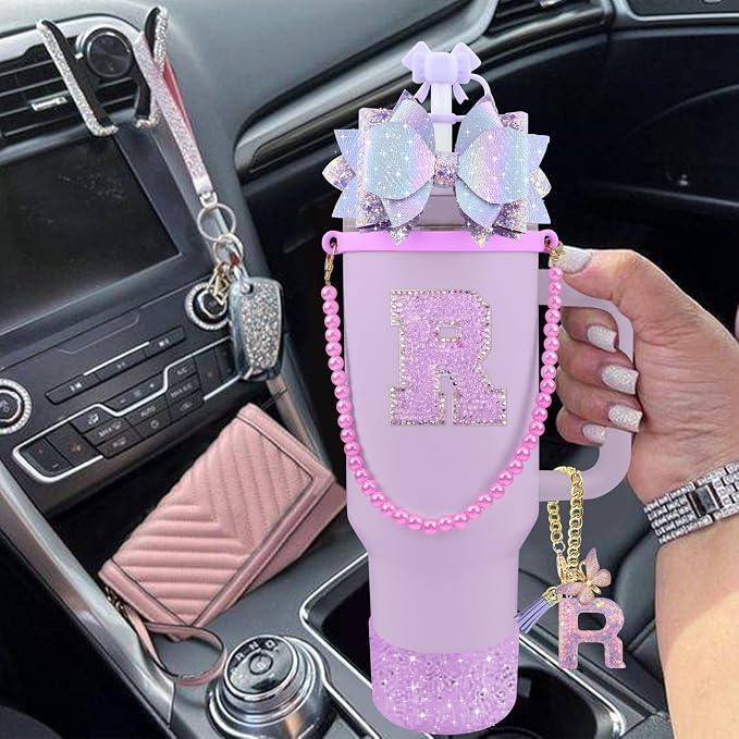9PCS Purple for Stanley Cup Accessories Set Bling Initials Bow Charms for - Image 6