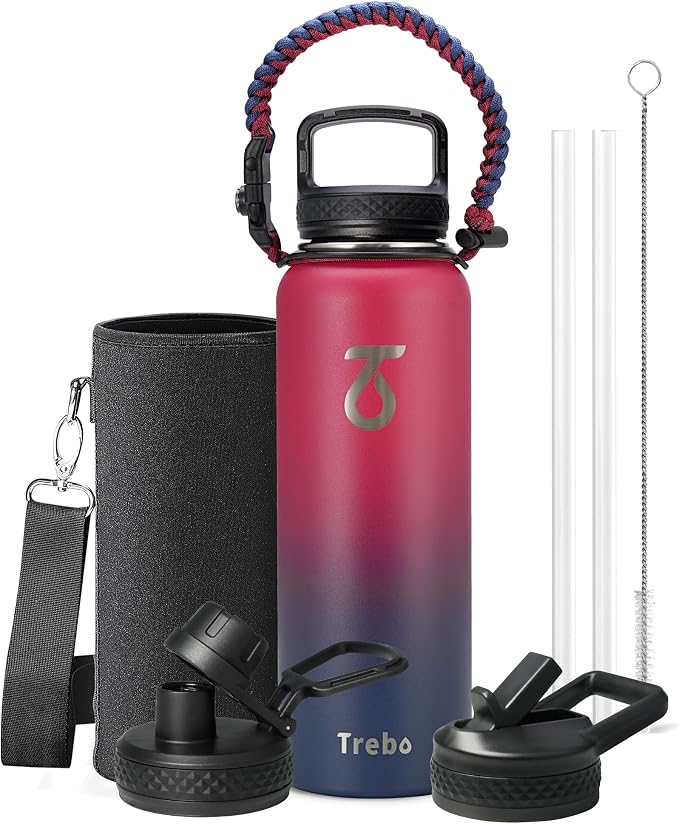 Trebo 40oz Water Bottle with 3 Lid and handle, Vacuum Insulated Stainless Steel by StayHotStayColdStayGreen