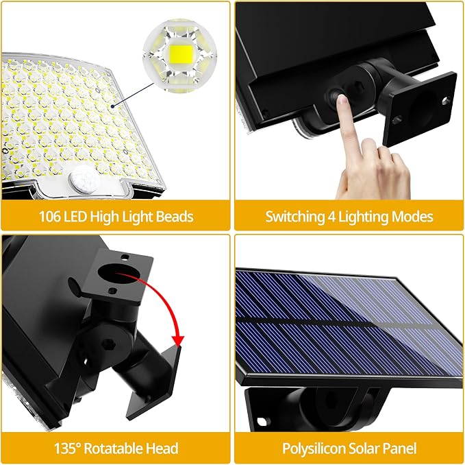 Solar Lights Outdoor, 106 LED 3000LM Solar Powered Motion Sensor Flood Lights - Image 5