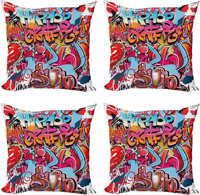 Ambesonne Graphic Throw Pillow Cushion Case Pack of 4, Hip Hop Street Culture by Ambesonne