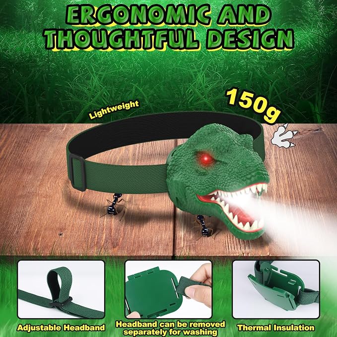 Nitigo Dinosaur Headlamp for Kids Flashlight Led Headlights Roar & Silent Mode - Image 8