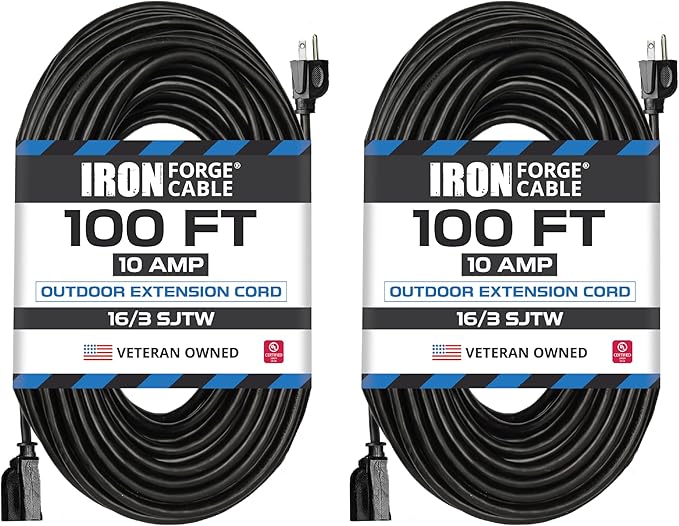 Iron Forge Cable 2 Pack 100 Ft Black Extension Cord, 100 Foot Extension Cord by IronForgeCable