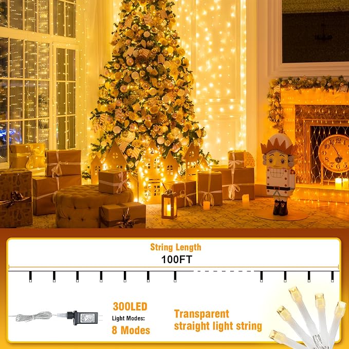 100FT Warm White String Lights – 300 LED Extra Long Waterproof Fairy Lights on - Image 2