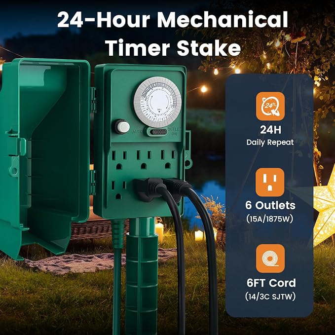SURAIELEC Outdoor Power Stake, 24-Hour Mechanical Light Timer, Electrical Power - Image 5