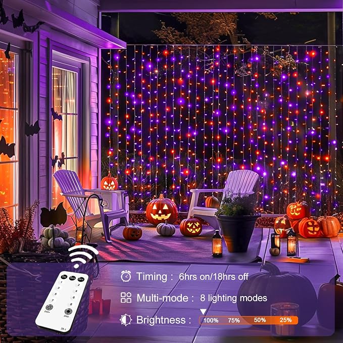 JMEXSUSS 300LED Orange and Purple Halloween Curtain Lights - Image 3