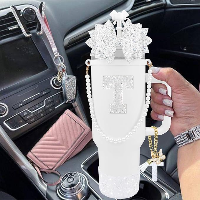 9PCS White for Stanley Cup Accessories Set Bling Initials Bow Charms for - Image 6