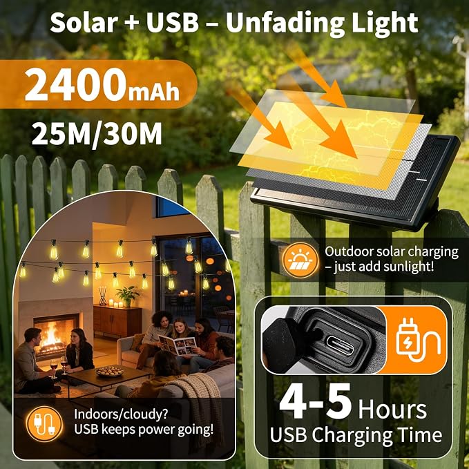 Solar Lights Outdoor Waterproof: ST38 82FT 25M Shatterproof Bulbs Patio Lights - Image 4