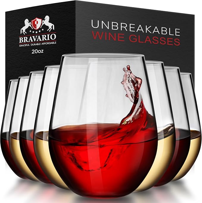 Bravario Unbreakable Stemless Plastic Wine Glasses | Reusable | Shatterproof by Bravario